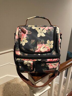 Peony Double Deck Insulated Lunch Bag Cooler w/ Shoulder Strap Black Floral